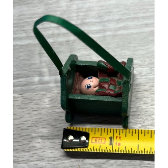 Green Baby Cradle Christmas Tree Ornament Wood Vintage Rock a Bye 1.25 Inch - Picture 3 of 7